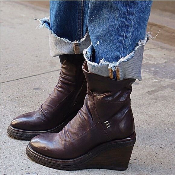 A.S.98 Tremont Eggplant Purple Leather Wedge Boho Rustic Ankle Boots Size 37 - Picture 1 of 9